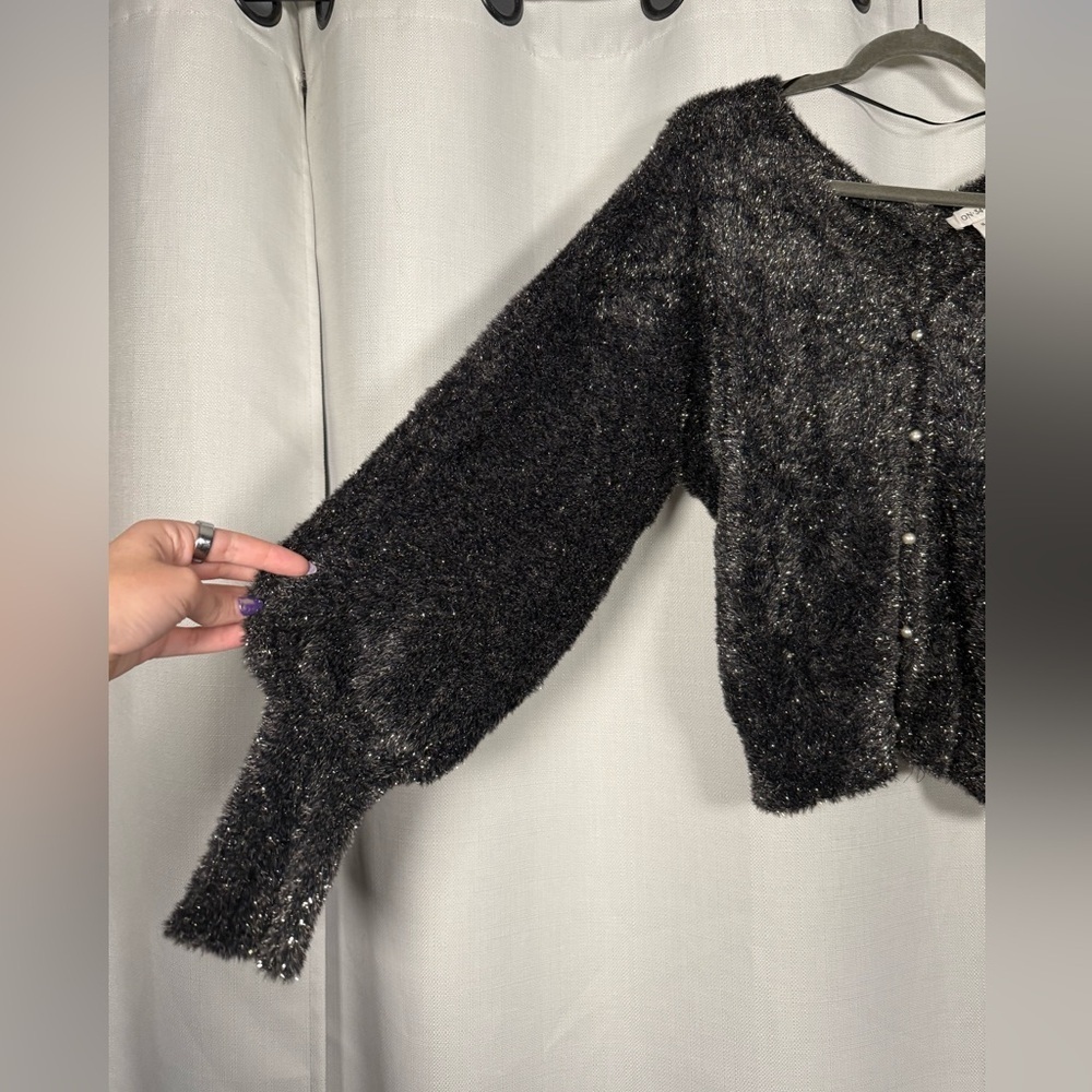 On 34th Grey and Gold Metallic Plush Knit Cardigan Size Medium - Picture 7 of 11